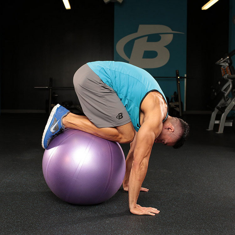 техника выполнения упражнения: Балансирование на мяче со сгибанием коленей (Stability Ball Pike With Knee Tuck) на фото