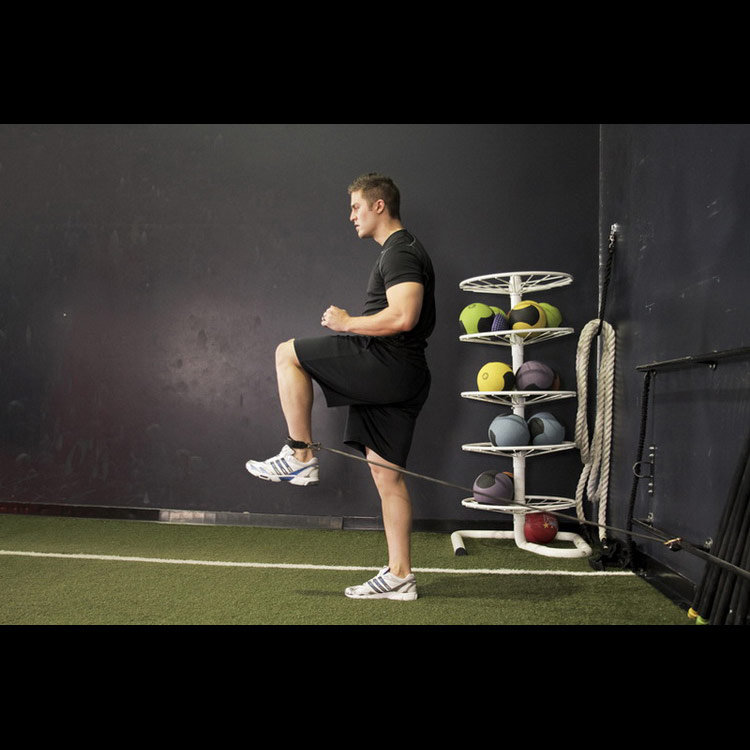 техника выполнения упражнения: Подъём ноги с резиновой лентой (Hip Flexion with Band) на фото