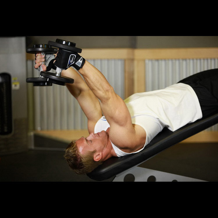 техника выполнения упражнения: Французский жим гантелями на наклонной скамье (Decline Dumbbell Triceps Extension) на фото