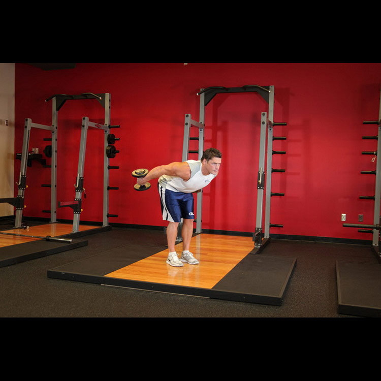 техника выполнения упражнения: Разгибание двумя руками на трицепс в наклоне (Standing Bent-Over Two-Arm Dumbbell Triceps Extension) на фото